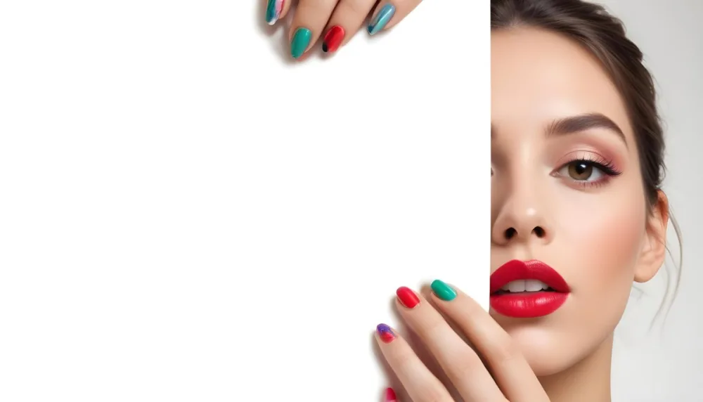 A Close Up Of A Woman S Face With Colorful Nail Polish On Her Fingers And Bright Red Lipstick On Her Lips 9 5ed6