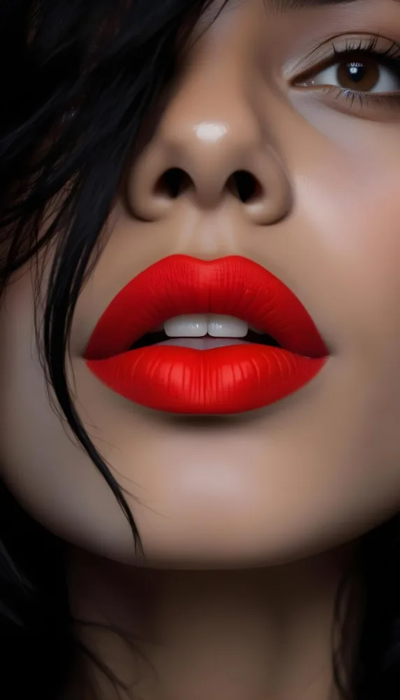 A Close Up Of A Woman S Face With Dark Hair Dark Skin And Bright Red Lips 24 58bd