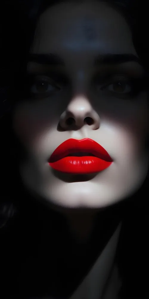 A Close Up Of A Woman S Face With Dramatic Red Lips And Dark Shadowy Background 57 C6b8