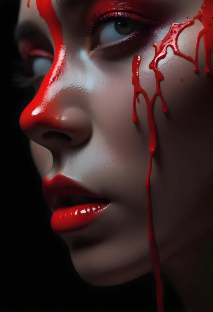 A Close Up Of A Woman S Face With Dramatic Red Makeup Dripping Down Her Cheeks Creating A Striking And Intense Visual Effect In Bright Daylight With A Plain Background 28 C249