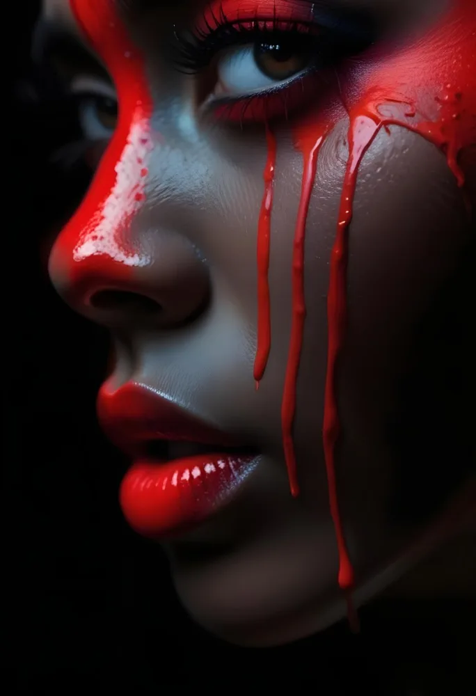 A Close Up Of A Woman S Face With Dramatic Red Makeup Dripping Down Her Cheeks Creating A Striking And Intense Visual Effect In Bright Daylight With A Plain Background 56 Dd0e