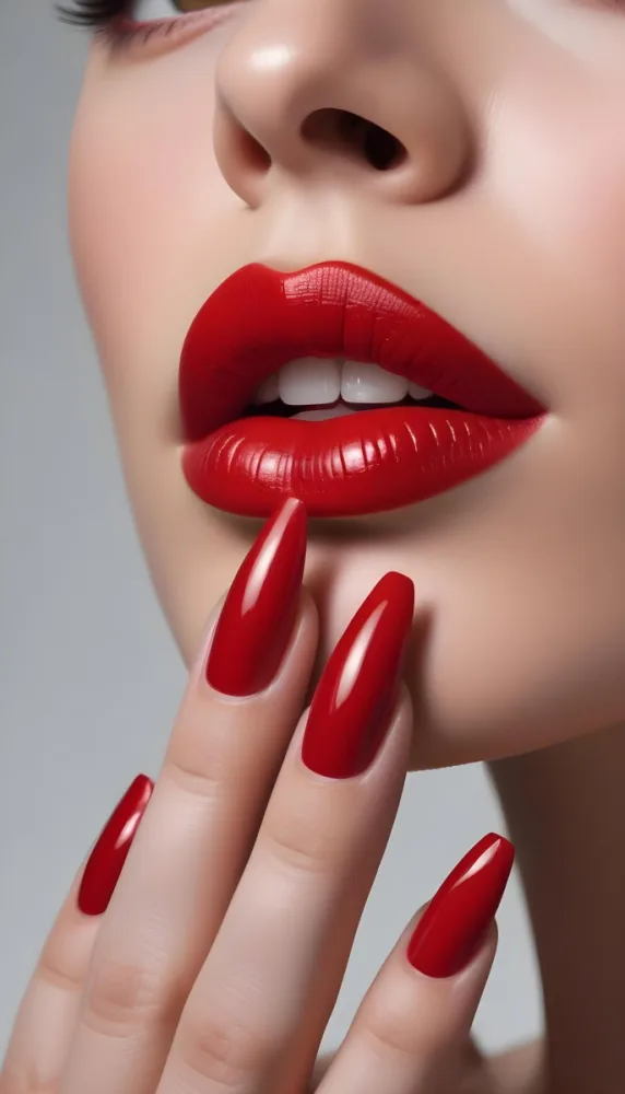 A Close Up Of A Woman S Face With Full Glossy Red Lips And Long Sharp Red Fingernails 1 961b