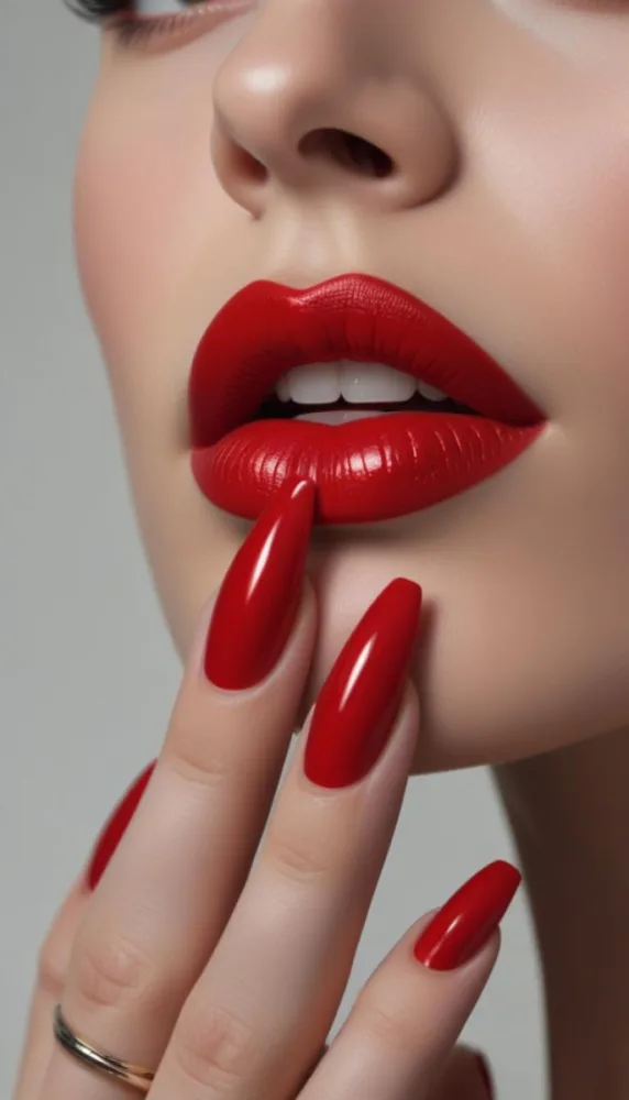 A Close Up Of A Woman S Face With Full Glossy Red Lips And Long Sharp Red Fingernails 1 De43