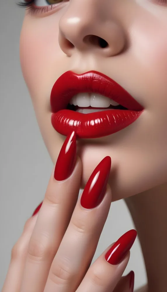 A Close Up Of A Woman S Face With Full Glossy Red Lips And Long Sharp Red Fingernails 2 3f3a