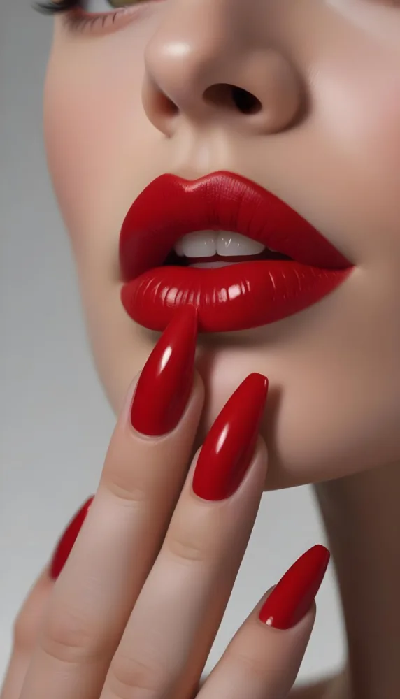 A Close Up Of A Woman S Face With Full Glossy Red Lips And Long Sharp Red Fingernails 3 Fbc5