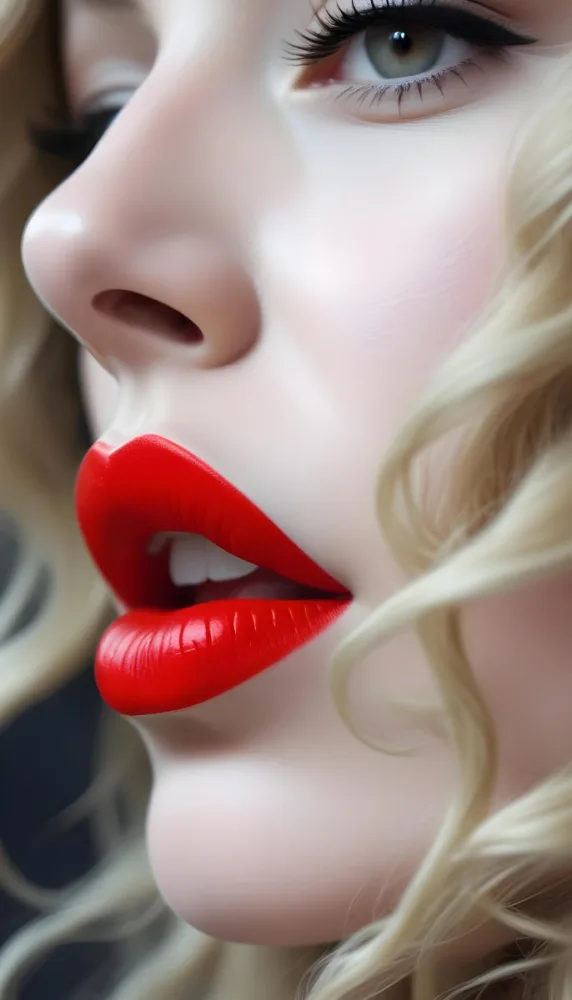 A Close Up Of A Woman S Face With Long Wavy Blonde Hair And Bright Red Lipstick Set Against A Soft Focus Background 1 1b87