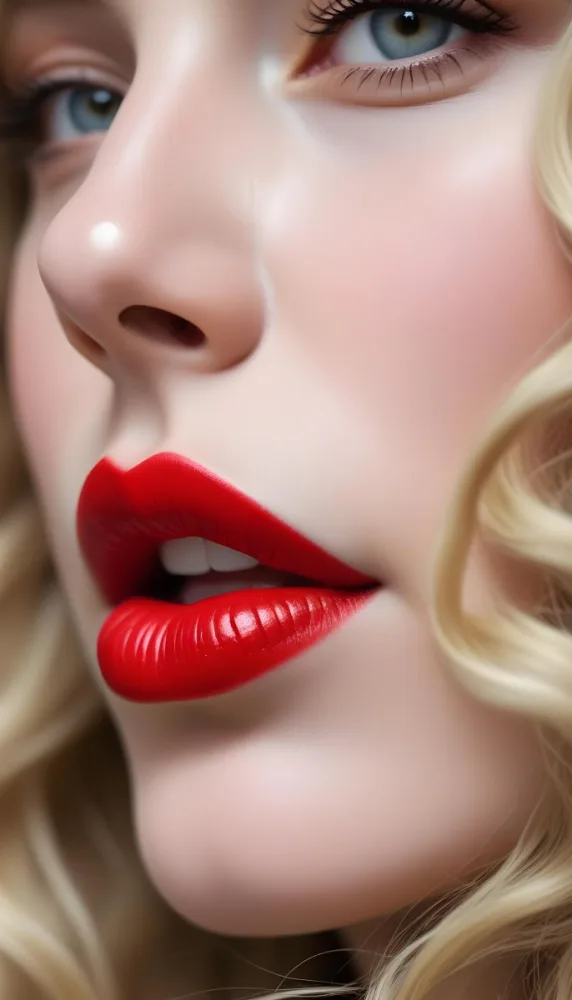 A Close Up Of A Woman S Face With Long Wavy Blonde Hair And Bright Red Lipstick Set Against A Soft Focus Background 2