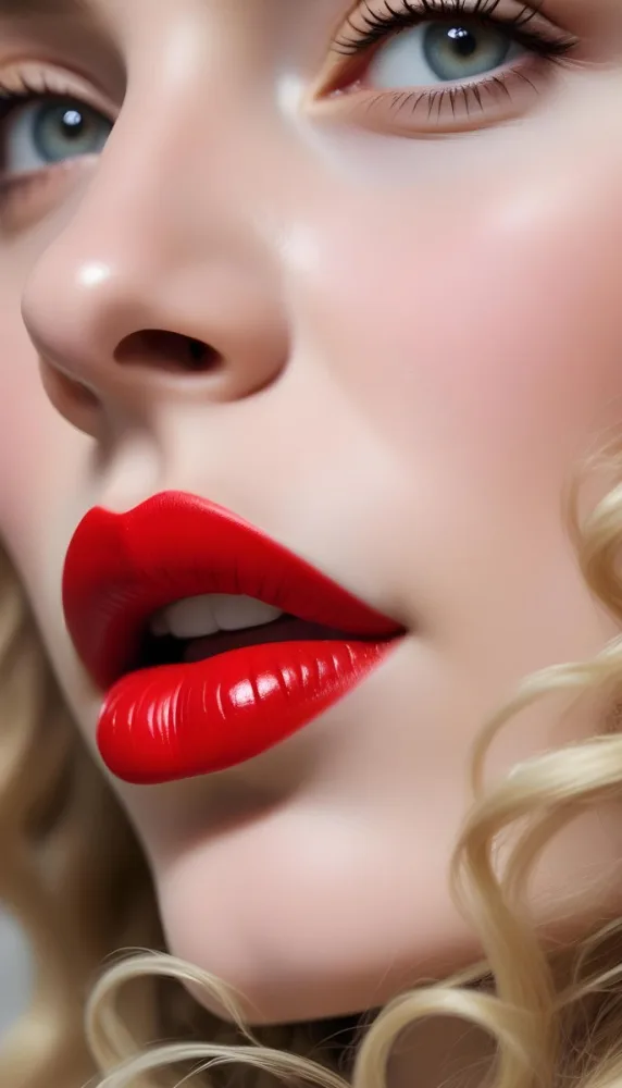 A Close Up Of A Woman S Face With Long Wavy Blonde Hair And Bright Red Lipstick Set Against A Soft Focus Background 4 Ce8c