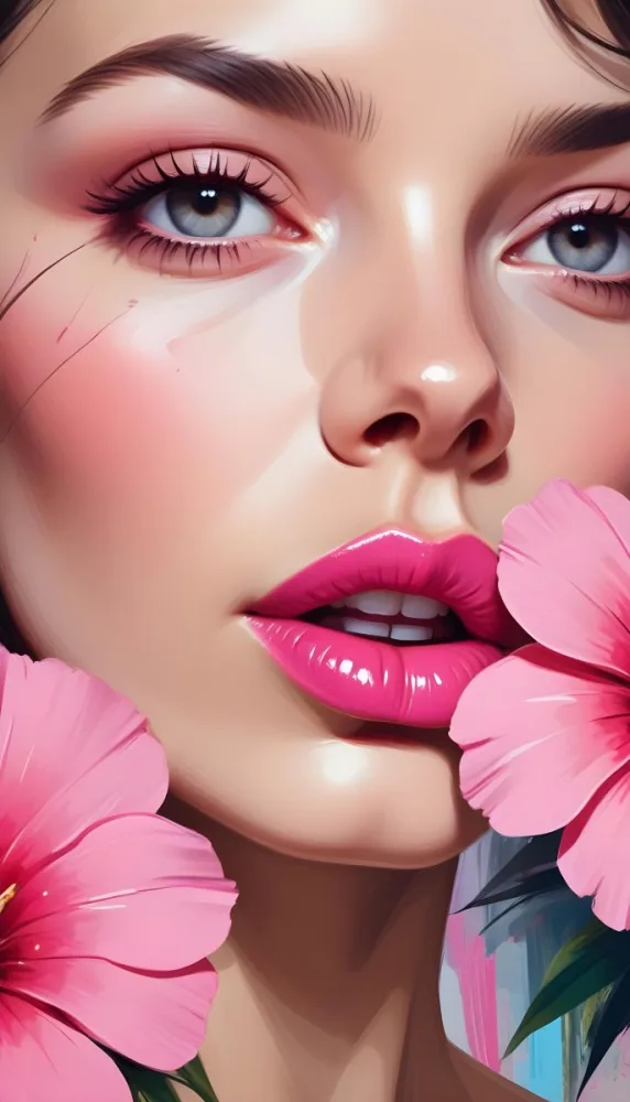 A Close Up Of A Woman S Face With Pink Lips And A Pink Flower In The Background 13 994e