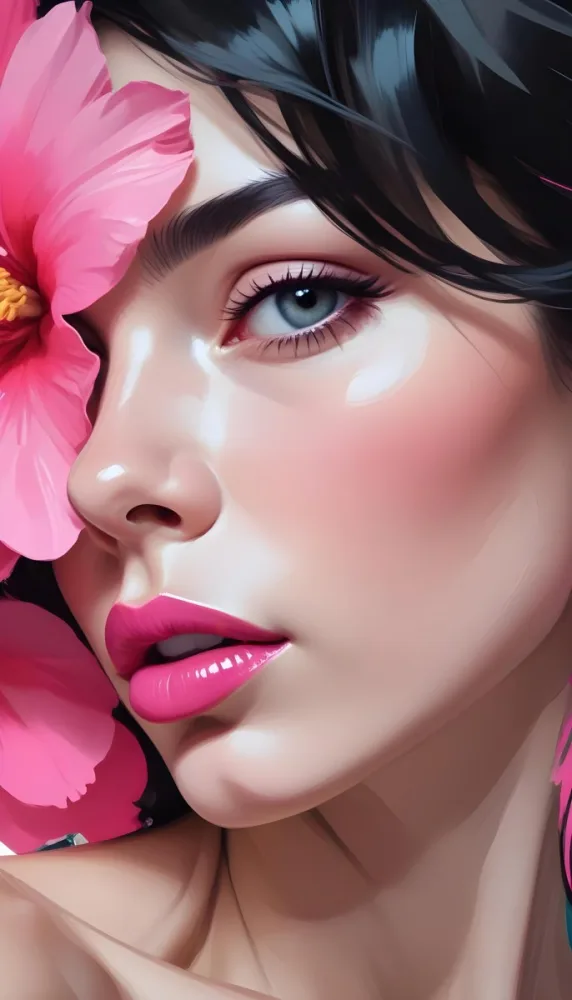 A Close Up Of A Woman S Face With Pink Lips And A Pink Flower In The Background 21 00cd