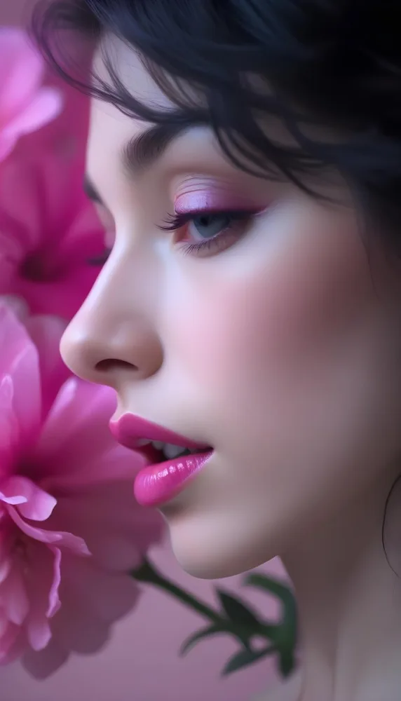 A Close Up Of A Woman S Face With Pink Lips And A Pink Flower In The Background 25 E879
