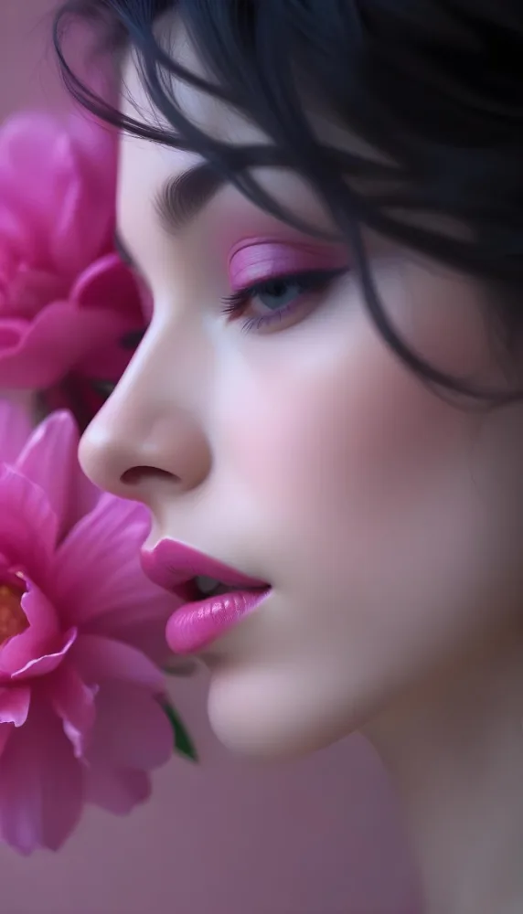 A Close Up Of A Woman S Face With Pink Lips And A Pink Flower In The Background 26 5e03