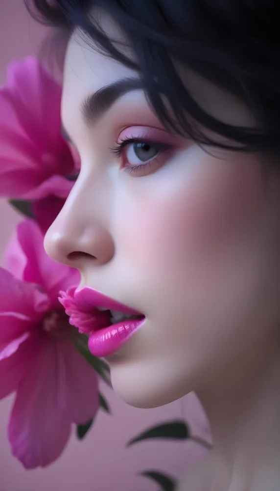 A Close Up Of A Woman S Face With Pink Lips And A Pink Flower In The Background 29 3765