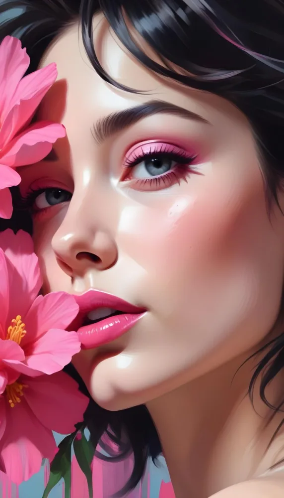 A Close Up Of A Woman S Face With Pink Lips And A Pink Flower In The Background 3 017b