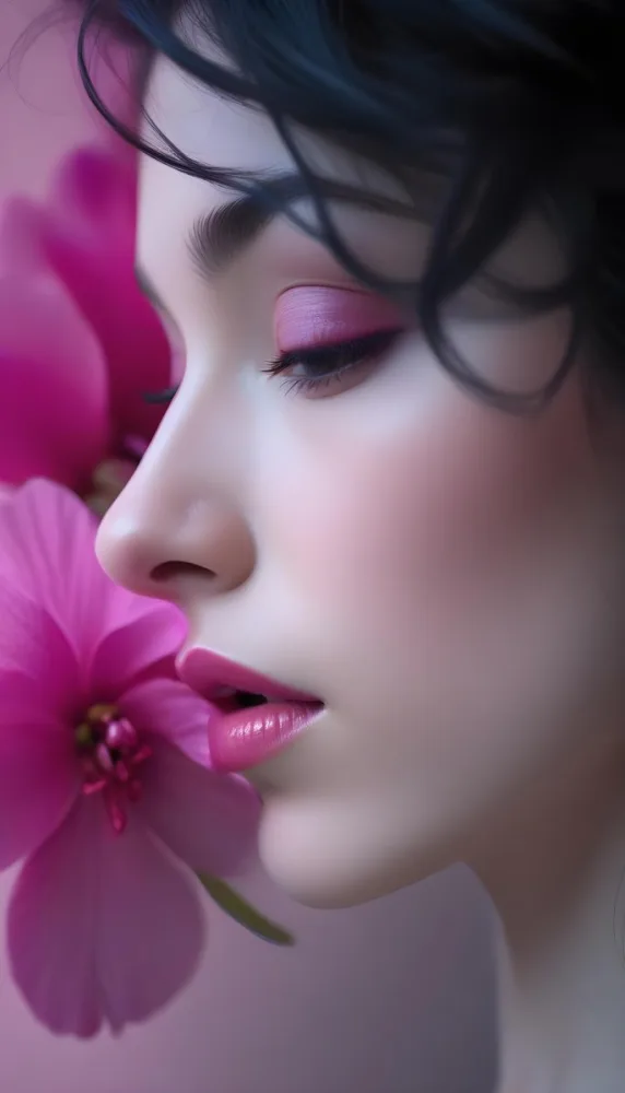 A Close Up Of A Woman S Face With Pink Lips And A Pink Flower In The Background 38 44b9