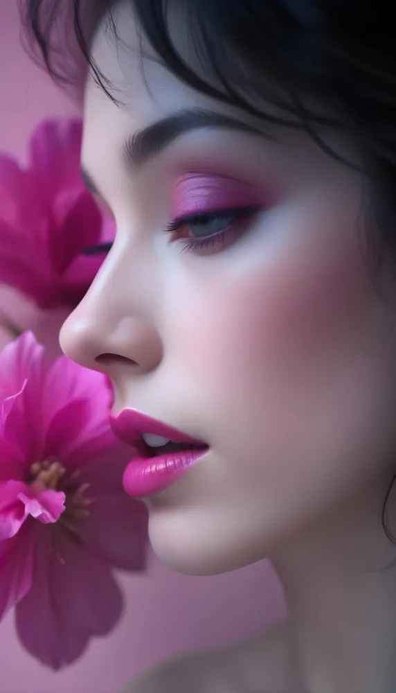 A Close Up Of A Woman S Face With Pink Lips And A Pink Flower In The Background 47 207f