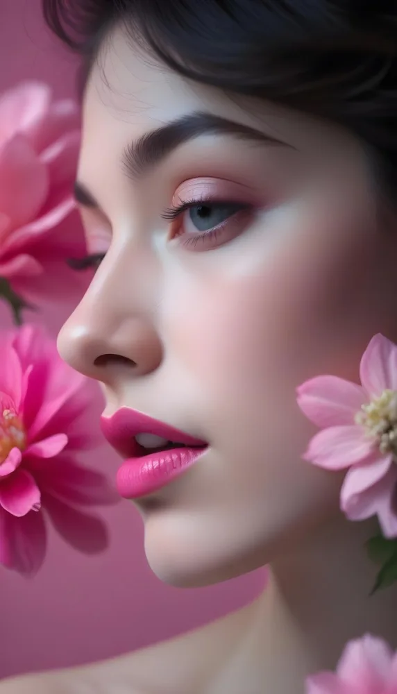 A Close Up Of A Woman S Face With Pink Lips And A Pink Flower In The Background 55 3647