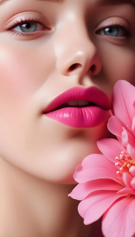 A Close Up Of A Woman S Face With Pink Lips And A Pink Flower In The Background 64 594e