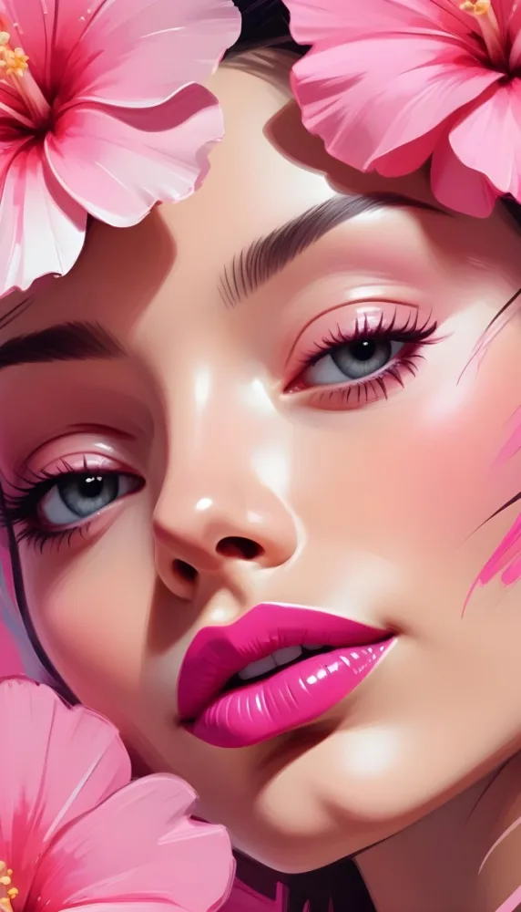 A Close Up Of A Woman S Face With Pink Lips And A Pink Flower In The Background 7 Fcd3