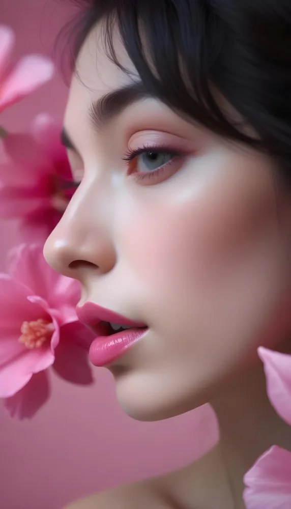 A Close Up Of A Woman S Face With Pink Lips And A Pink Flower In The Background 77 242f