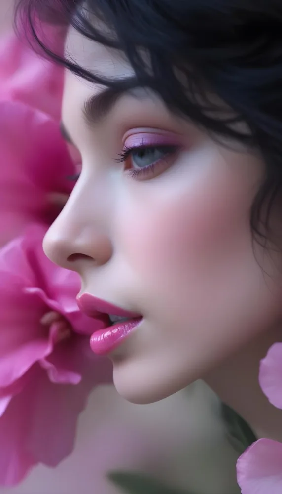 A Close Up Of A Woman S Face With Pink Lips And A Pink Flower In The Background 78 D219