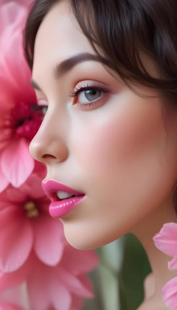 A Close Up Of A Woman S Face With Pink Lips And A Pink Flower In The Background 80 C163