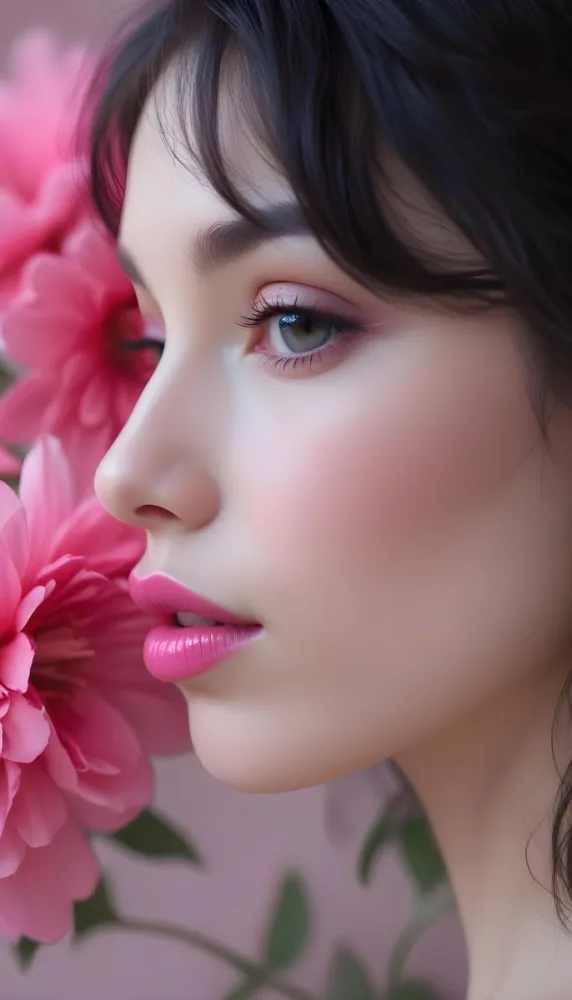 A Close Up Of A Woman S Face With Pink Lips And A Pink Flower In The Background 81 9c2b