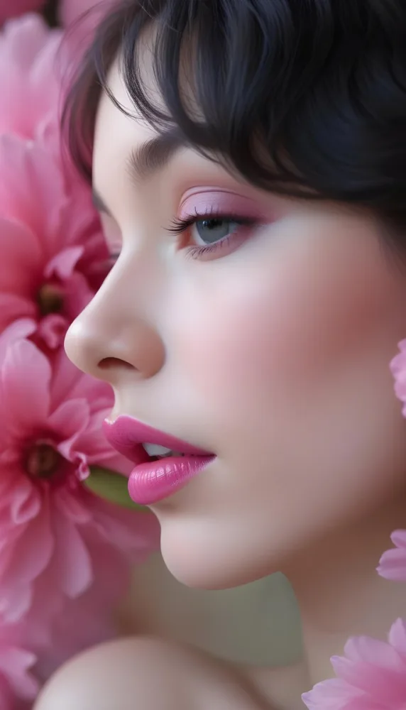 A Close Up Of A Woman S Face With Pink Lips And A Pink Flower In The Background 82 5946