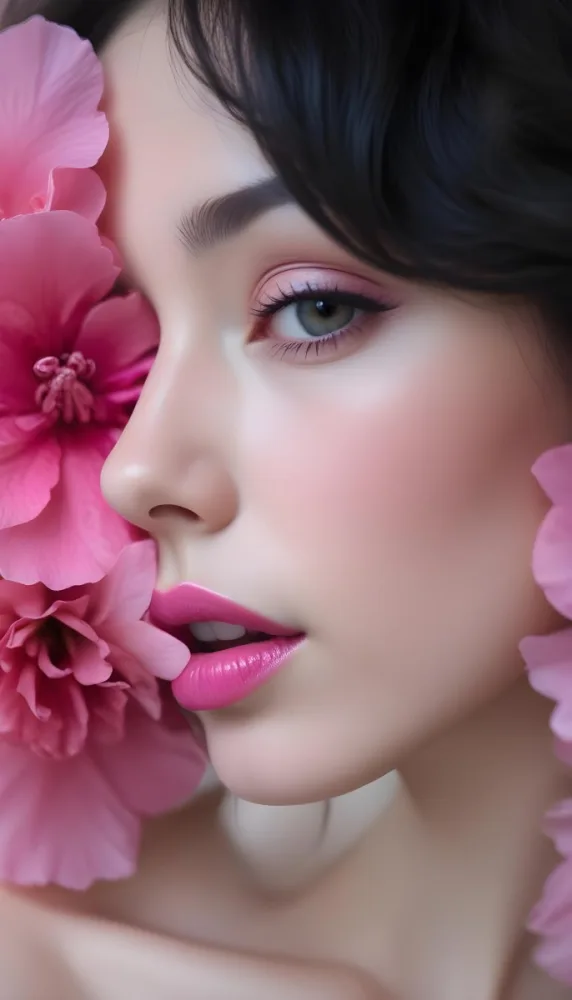 A Close Up Of A Woman S Face With Pink Lips And A Pink Flower In The Background 83 6897