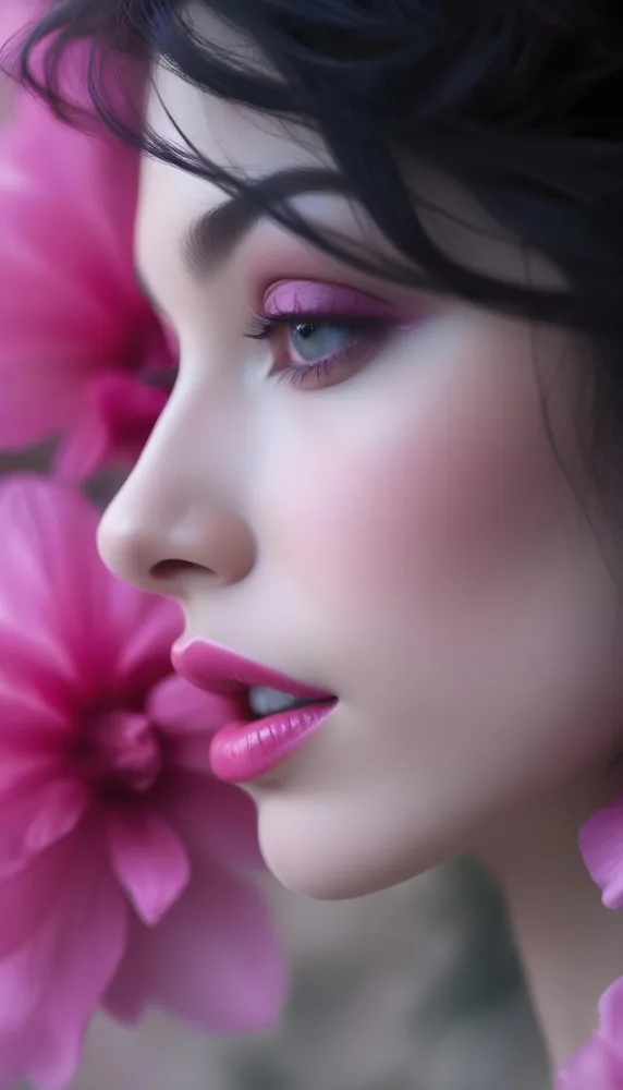 A Close Up Of A Woman S Face With Pink Lips And A Pink Flower In The Background 85 B80e