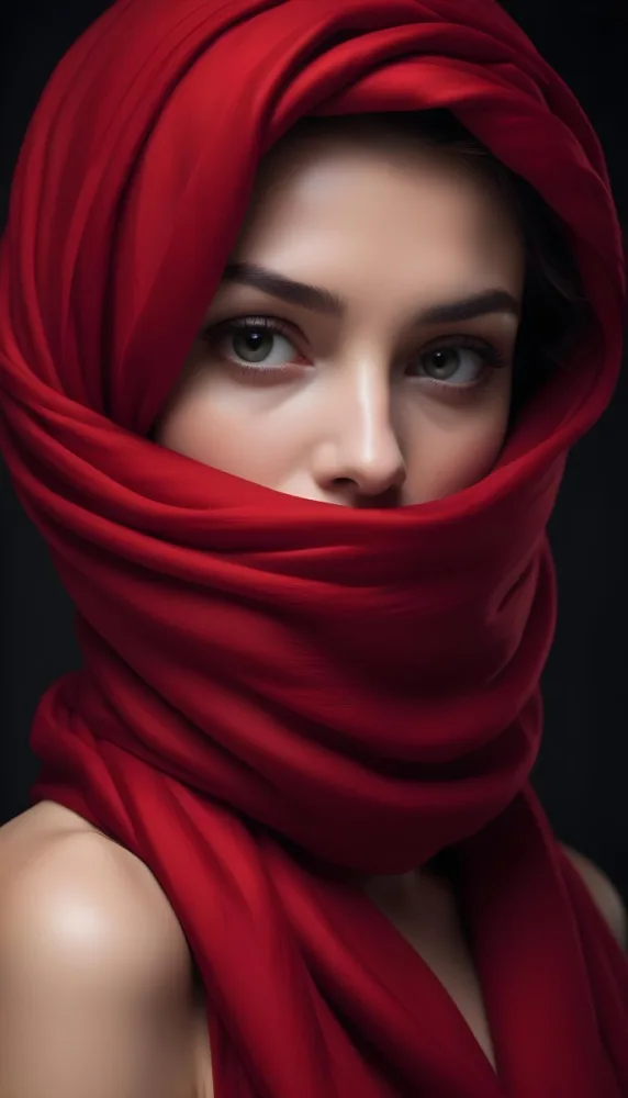 A Close Up Of A Woman S Face With Red Lips And A Red Scarf Or Fabric Draped Over Her Face Creating A Dramatic Effect Against A Dark Background 16 Fc3b