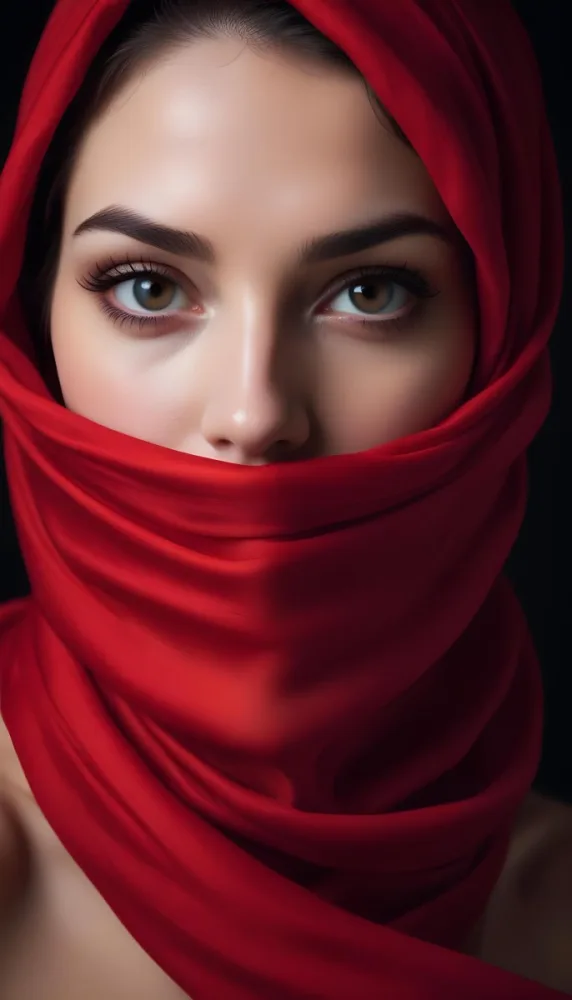 A Close Up Of A Woman S Face With Red Lips And A Red Scarf Or Fabric Draped Over Her Face Creating A Dramatic Effect Against A Dark Background 18 1995