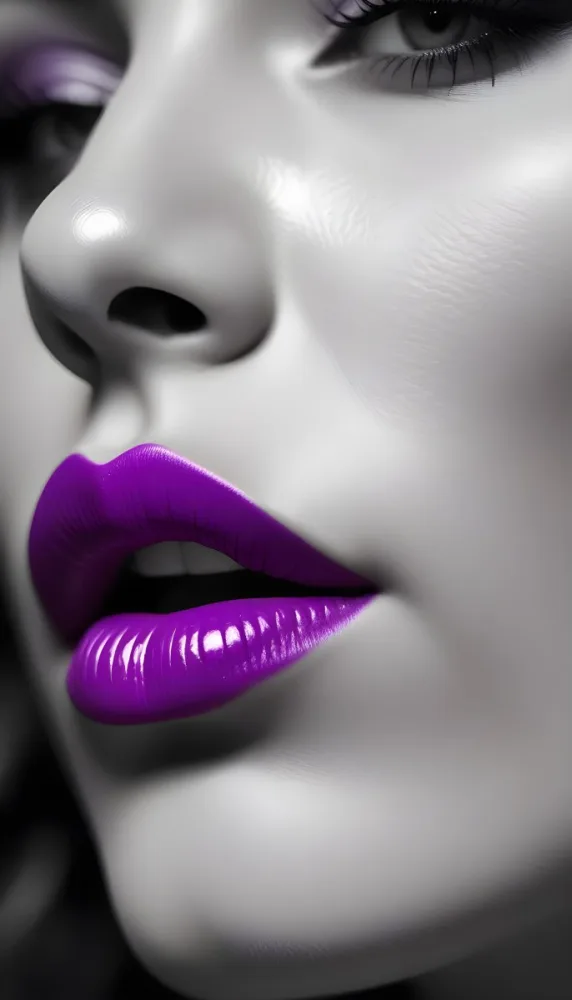 A Close Up Of A Woman S Face With Vibrant Purple Lips Against A Blurred Black And White Background 10 B07b