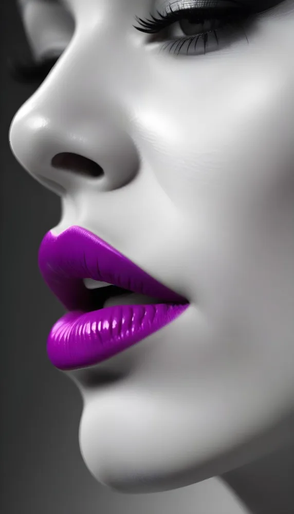 A Close Up Of A Woman S Face With Vibrant Purple Lips Against A Blurred Black And White Background 16 A656