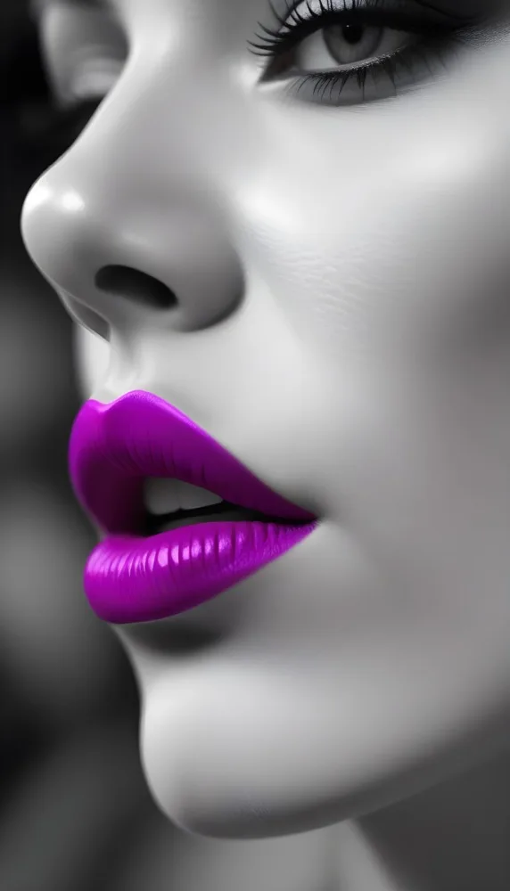A Close Up Of A Woman S Face With Vibrant Purple Lips Against A Blurred Black And White Background 3 826b