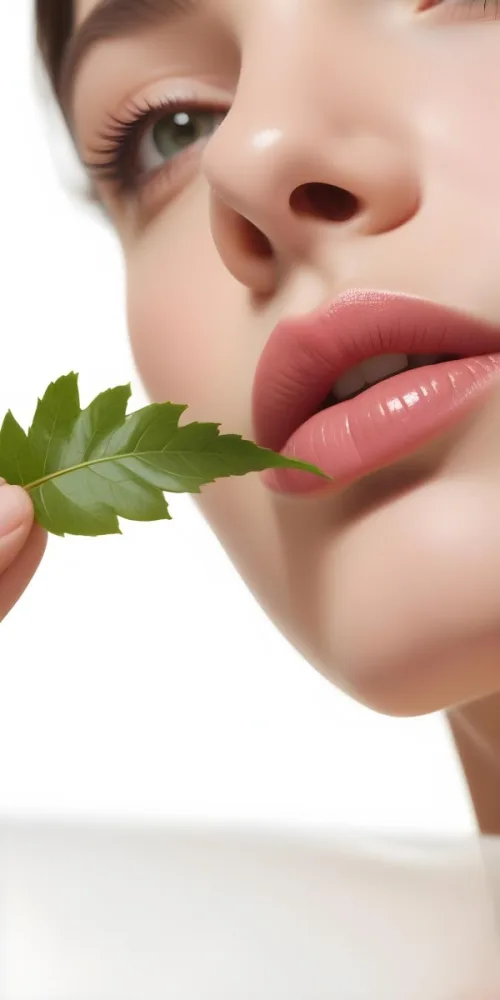 A Close Up Of A Woman S Lips With A Green Leaf Placed Near Them 1