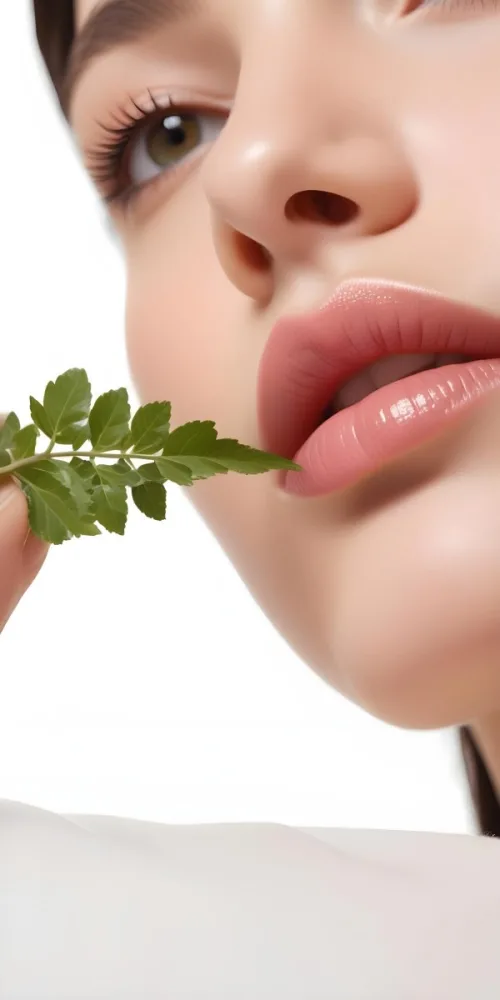 A Close Up Of A Woman S Lips With A Green Leaf Placed Near Them 12