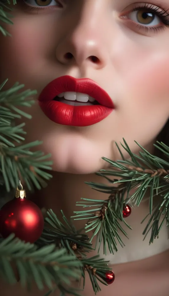 A Close Up Of A Woman S Lips With Red Lipstick Partially Obscured By Pine Tree Branches With A Christmas Ornament In The Background 13 49b4