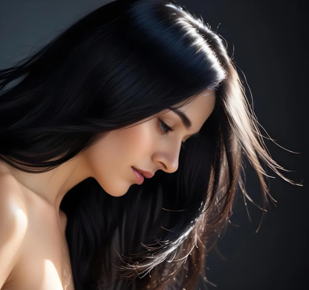 A Close Up Of A Woman With Long Shiny Black Hair In Bright Sunlight 4 0678