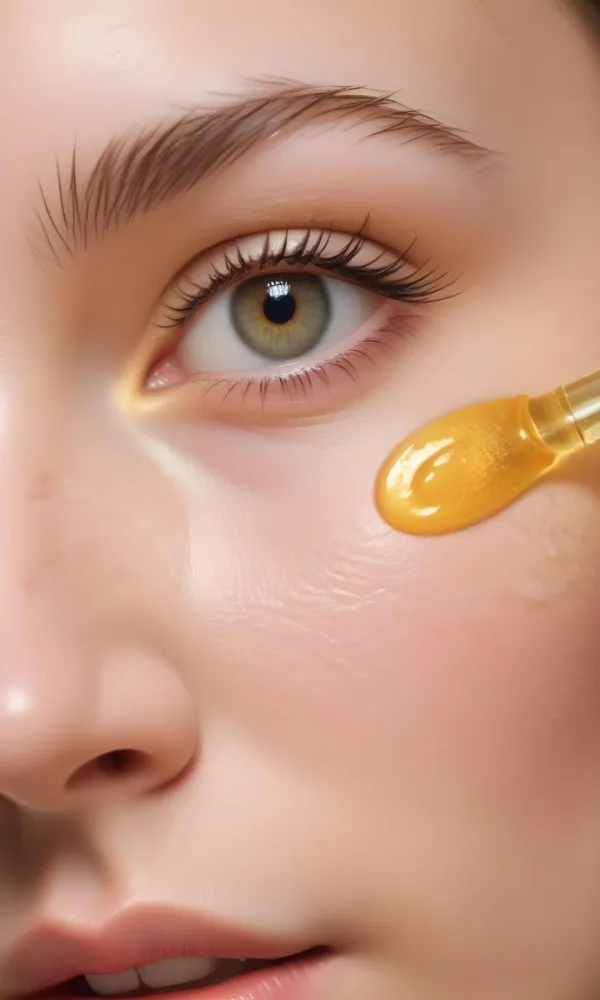 A Close Up Of A Young Woman S Eye With Long Eyelashes Applying A Yellow Liquid Serum Or Oil To Her Skin 3 81ab