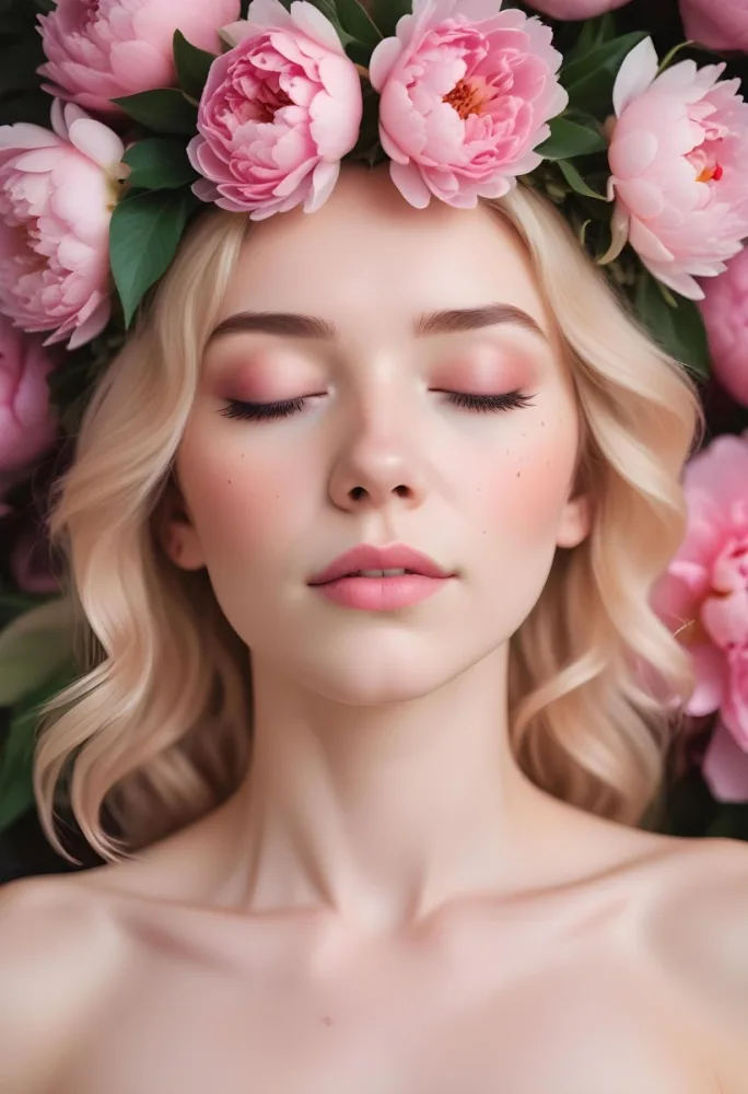 A Close Up Of A Young Woman With Fair Skin And Light Colored Hair Her Eyes Closed She Has Soft Pink Makeup On Her Eyelids And Lips Surrounding Her Head Are Large Pink Peonies Creating A Floral Crown Effect The Ba 23 Af36
