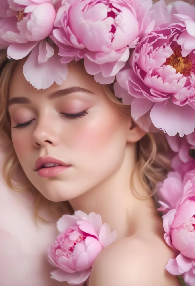 A Close Up Of A Young Woman With Fair Skin And Light Colored Hair Her Eyes Closed She Has Soft Pink Makeup On Her Eyelids And Lips Surrounding Her Head Are Large Pink Peonies Creating A Floral Crown Effect The Ba 26 2316