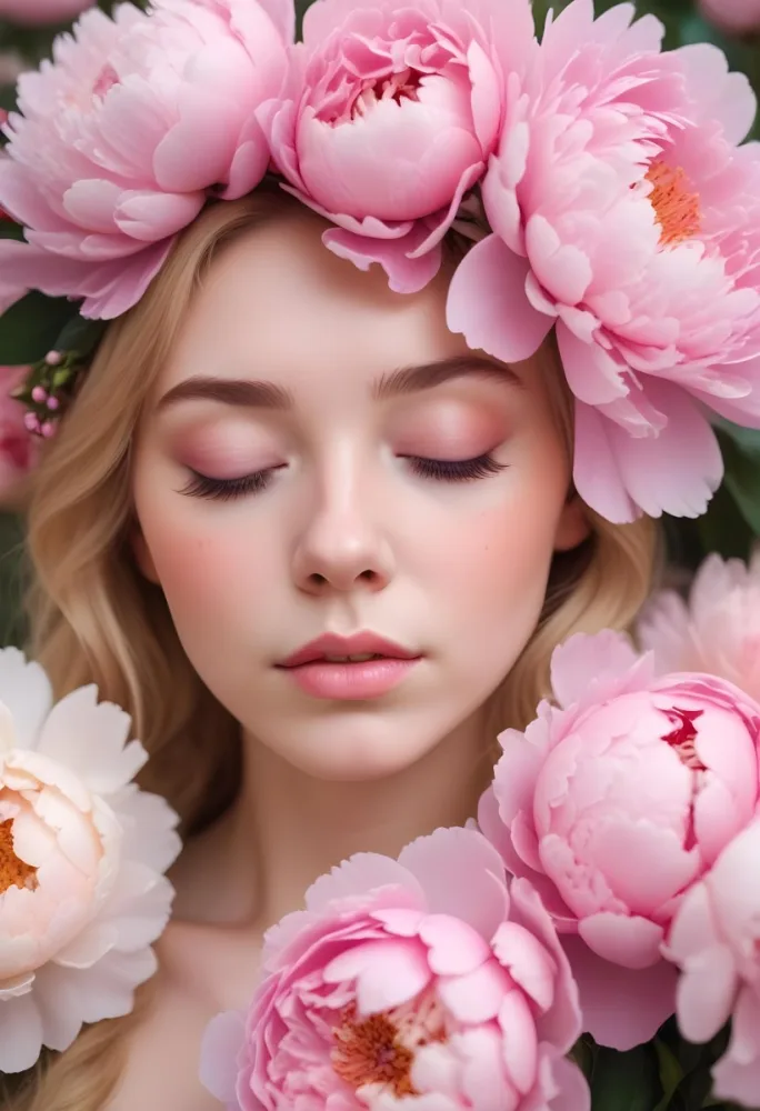 A Close Up Of A Young Woman With Fair Skin And Light Colored Hair Her Eyes Closed She Has Soft Pink Makeup On Her Eyelids And Lips Surrounding Her Head Are Large Pink Peonies Creating A Floral Crown Effect The Ba 28 Db26