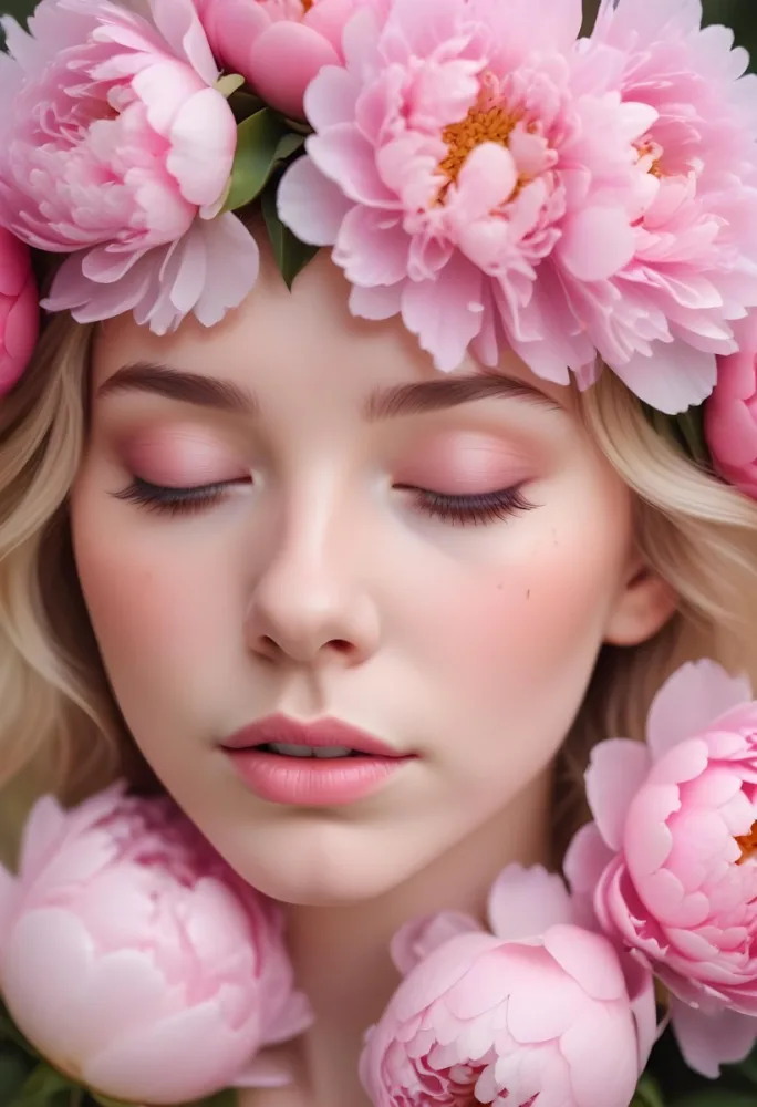 A Close Up Of A Young Woman With Fair Skin And Light Colored Hair Her Eyes Closed She Has Soft Pink Makeup On Her Eyelids And Lips Surrounding Her Head Are Large Pink Peonies Creating A Floral Crown Effect The Ba 29 63b0
