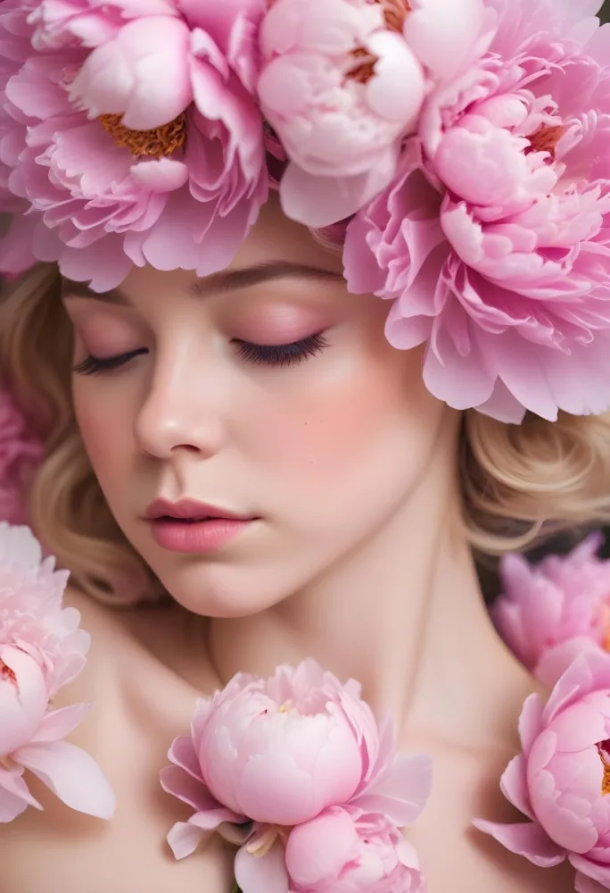 A Close Up Of A Young Woman With Fair Skin And Light Colored Hair Her Eyes Closed She Has Soft Pink Makeup On Her Eyelids And Lips Surrounding Her Head Are Large Pink Peonies Creating A Floral Crown Effect The Ba 4 662b