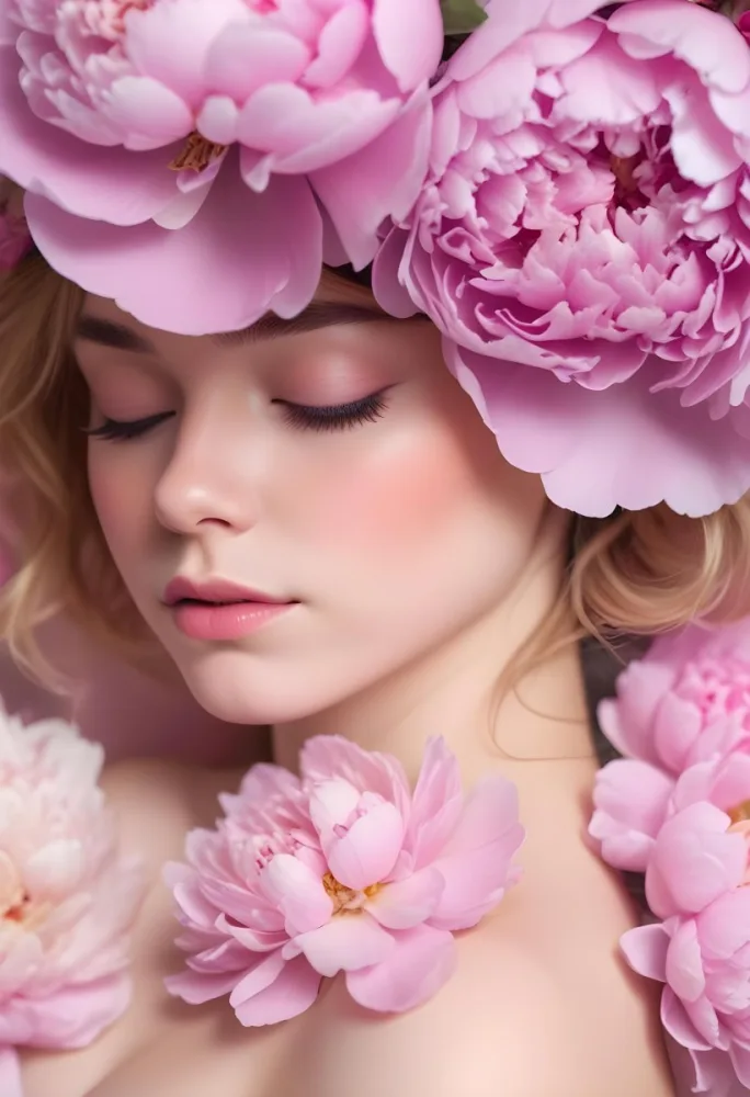 A Close Up Of A Young Woman With Fair Skin And Light Colored Hair Her Eyes Closed She Has Soft Pink Makeup On Her Eyelids And Lips Surrounding Her Head Are Large Pink Peonies Creating A Floral Crown Effect The Ba 8 9d84
