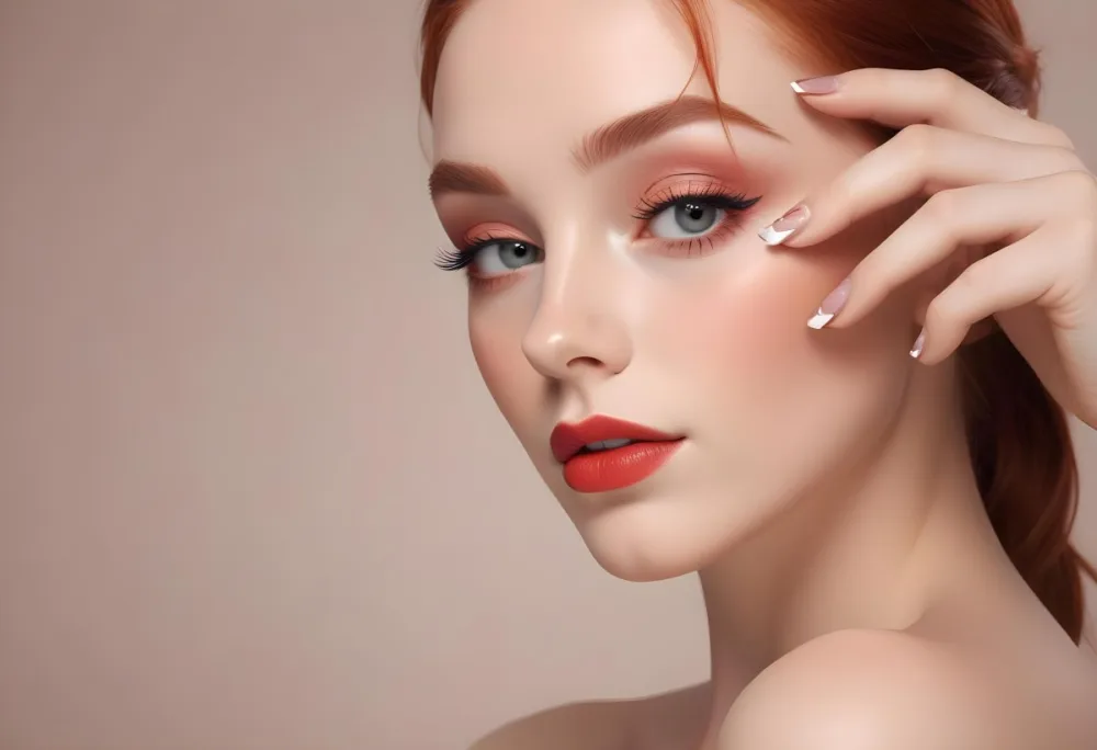 A Close Up Of A Young Woman With Fair Skin And Light Pink Lips She Has Manicured Nails Featuring A Glossy Pink Polish With White Stripes On Her Fingers Which Are Gently Touching Her Lips And The Background Is A Soft 4 7642