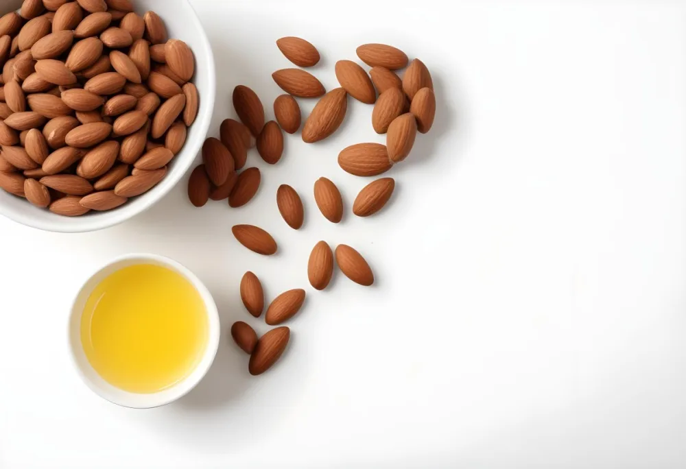 A Close Up Of Brown Hair Strands A Bowl Of Yellow Liquid And Some Almonds On A White Background 19 6833