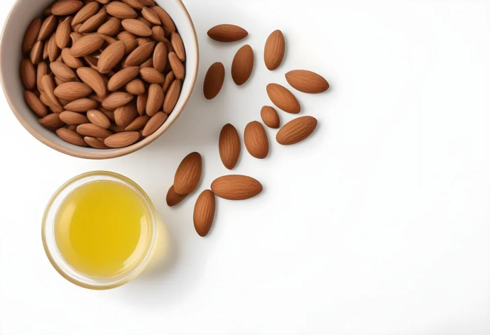 A Close Up Of Brown Hair Strands A Bowl Of Yellow Liquid And Some Almonds On A White Background 2 E8e9