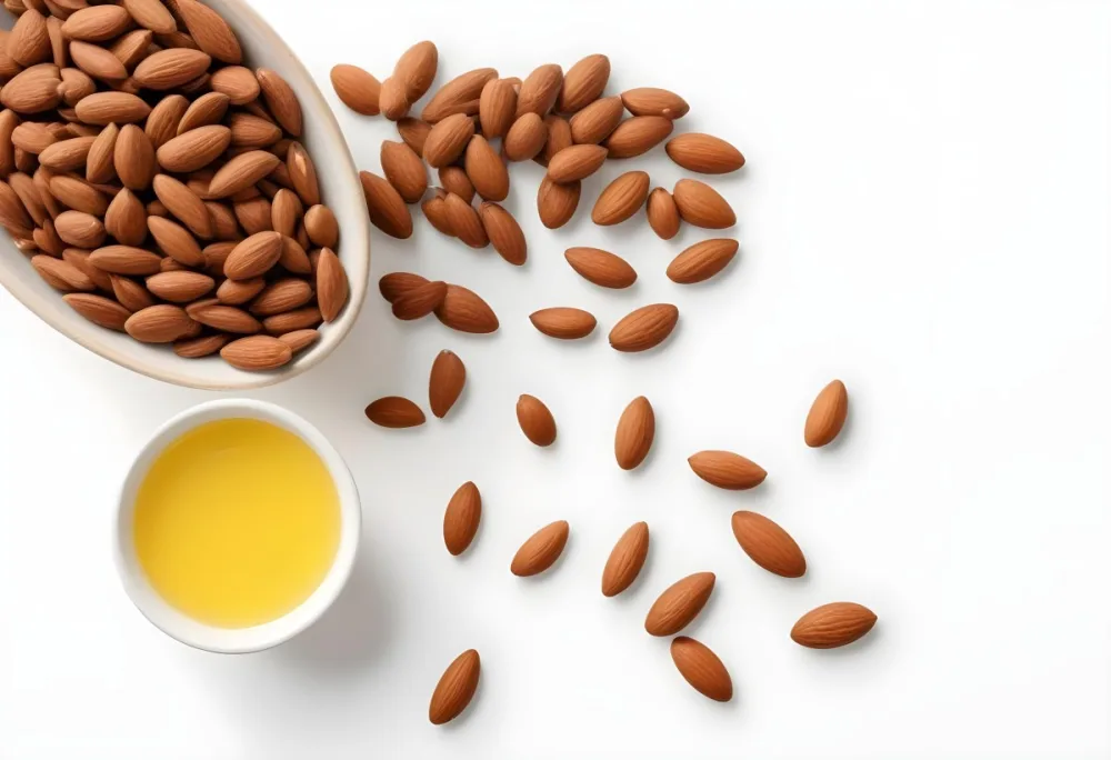 A Close Up Of Brown Hair Strands A Bowl Of Yellow Liquid And Some Almonds On A White Background 20 4d28